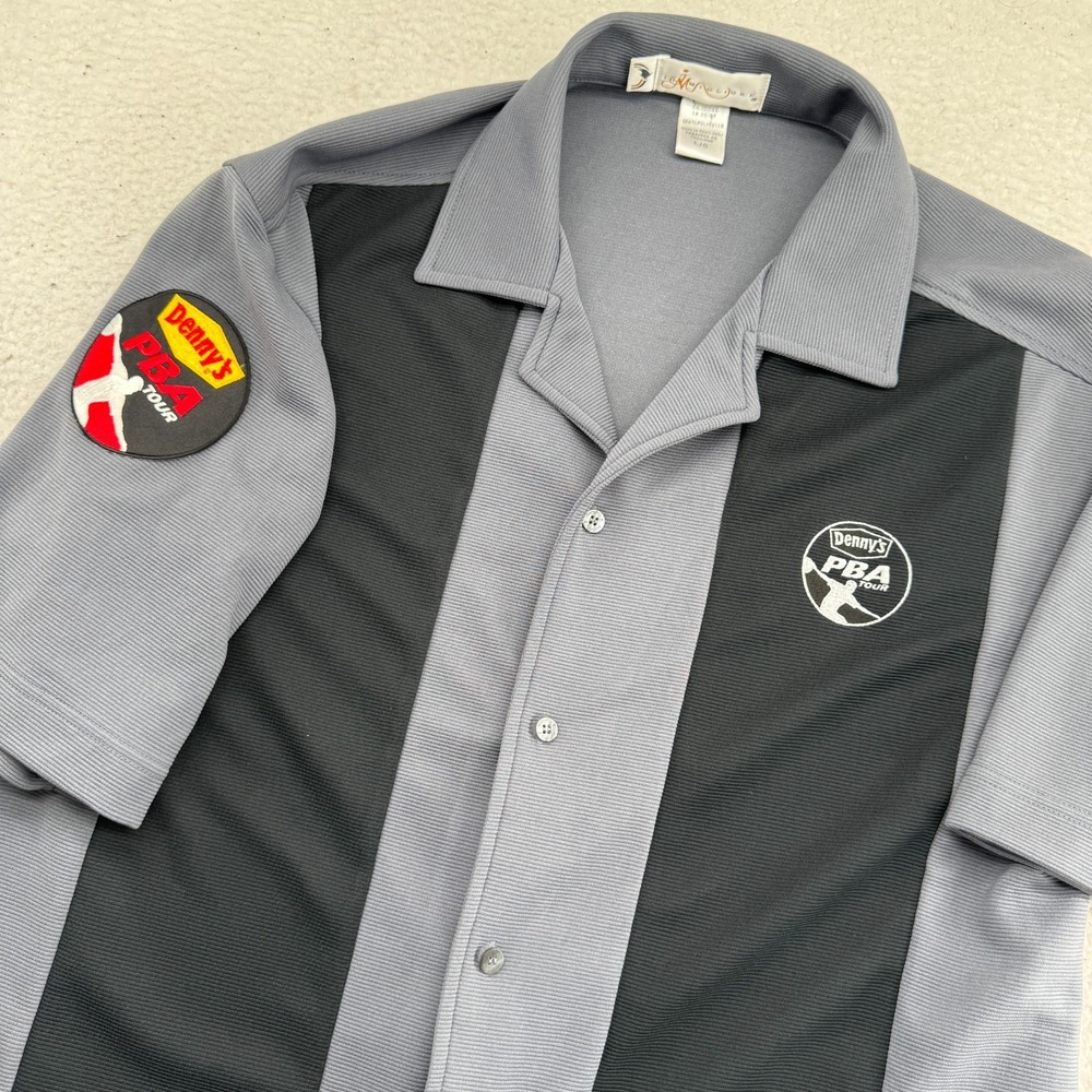 Vintage 2005 Denny's PBA Bowling Shirt Mens Large Gray Striped Authentic Patch
